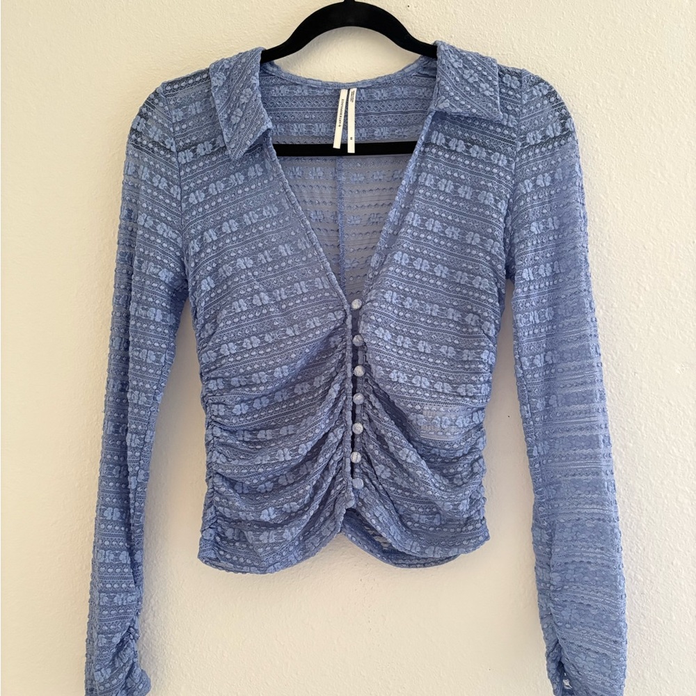 Anthropologie Sheer Long-Sleeve V-Neck Floral Lace Top